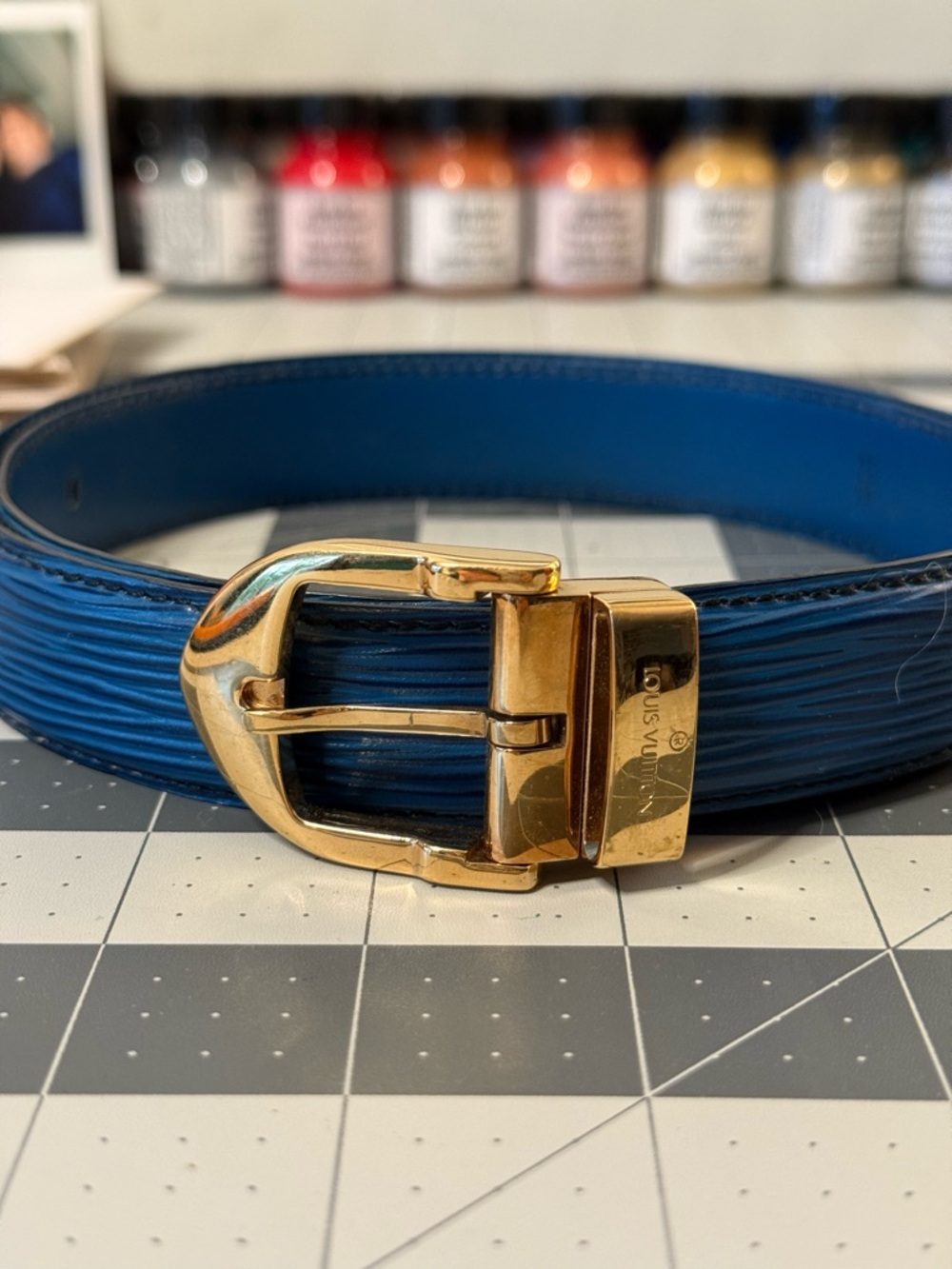 Louis Vuitton Epi Leather Belt Cobalt Blue Gold Buckle 85cm Made in France